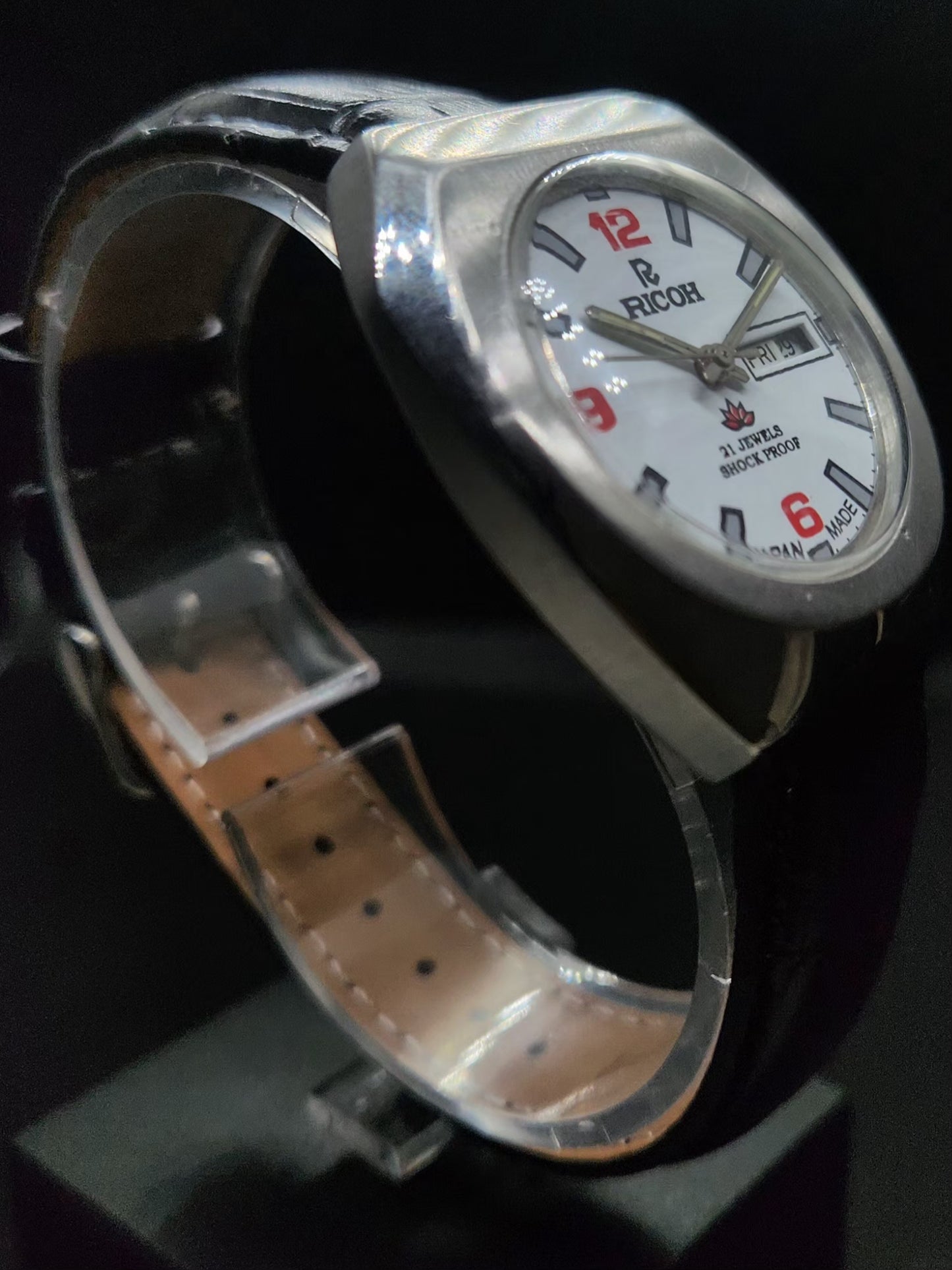 Vintage Ricoh R31 Automatic White Face New Strap 21 Jewels Day-Date Men's Wrist Watch AS30