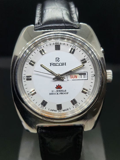 Vintage Ricoh R31 Automatic White Face New Strap 21 Jewels Day-Date Men's Wrist Watch AS31