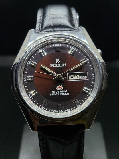 Vintage Ricoh R31 Automatic Brown Face New Strap 21 Jewels Day-Date Men's Wrist Watch AS32