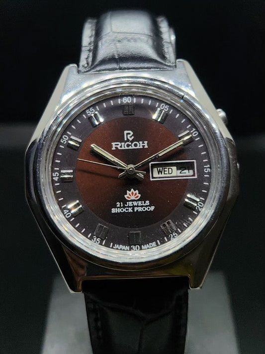 Vintage Ricoh R31 Automatic Brown Face New Strap 21 Jewels Day-Date Men's Wrist Watch AS32