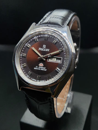 Vintage Ricoh R31 Automatic Brown Face New Strap 21 Jewels Day-Date Men's Wrist Watch AS32