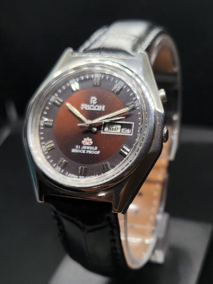 Vintage Ricoh R31 Automatic Brown Face New Strap 21 Jewels Day-Date Men's Wrist Watch AS32