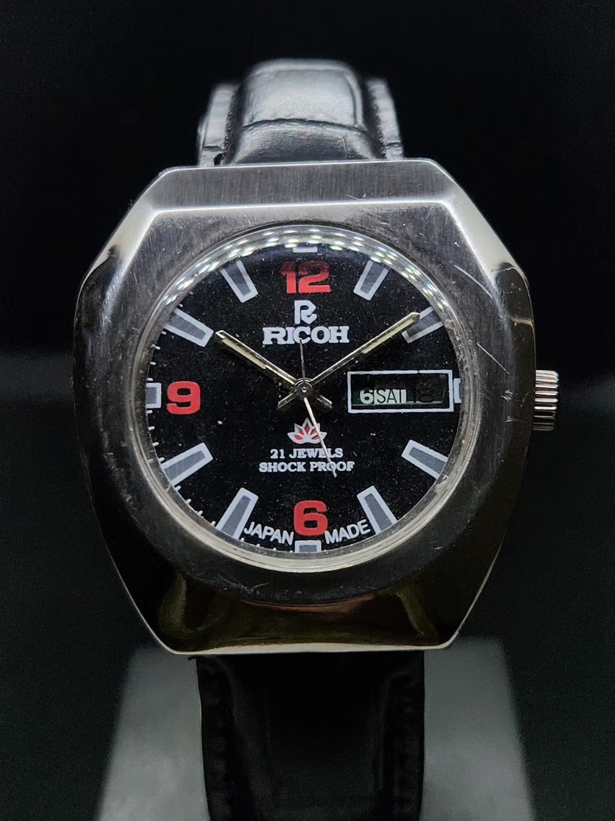 Vintage Ricoh R31 Automatic Black Face New Strap 21 Jewels Day-Date Men's Wrist Watch AS34