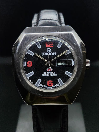 Vintage Ricoh R31 Automatic Black Face New Strap 21 Jewels Day-Date Men's Wrist Watch AS34