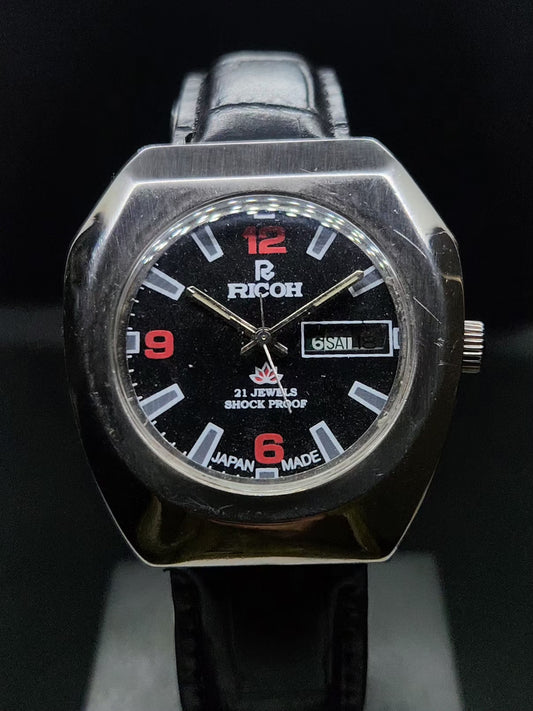 Vintage Ricoh R31 Automatic Black Face New Strap 21 Jewels Day-Date Men's Wrist Watch AS34