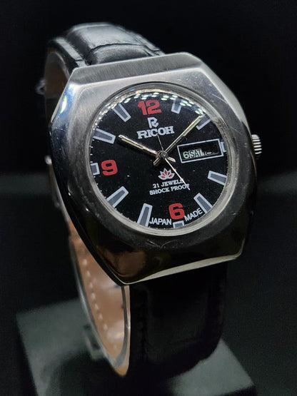 Vintage Ricoh R31 Automatic Black Face New Strap 21 Jewels Day-Date Men's Wrist Watch AS34
