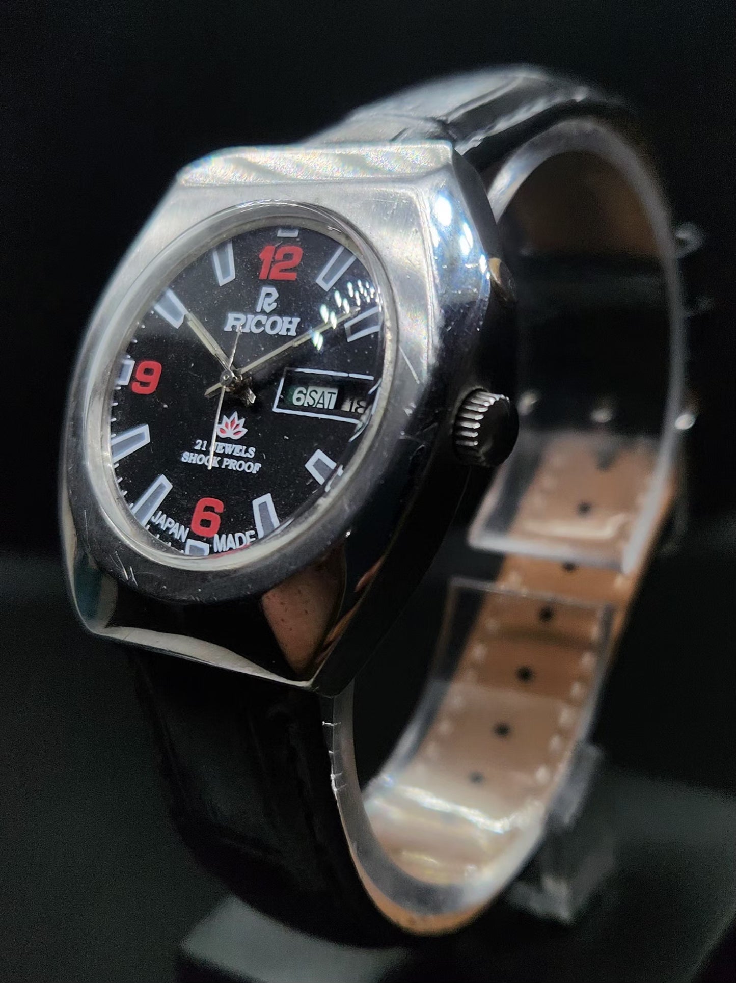 Vintage Ricoh R31 Automatic Black Face New Strap 21 Jewels Day-Date Men's Wrist Watch AS34