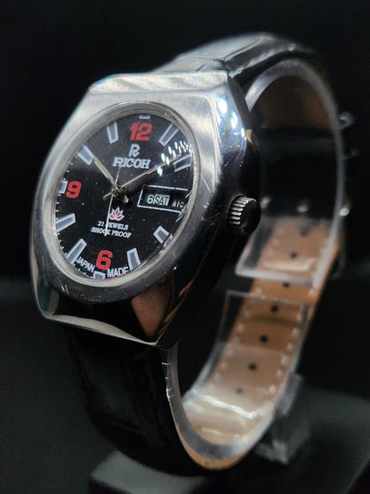 Vintage Ricoh R31 Automatic Black Face New Strap 21 Jewels Day-Date Men's Wrist Watch AS34