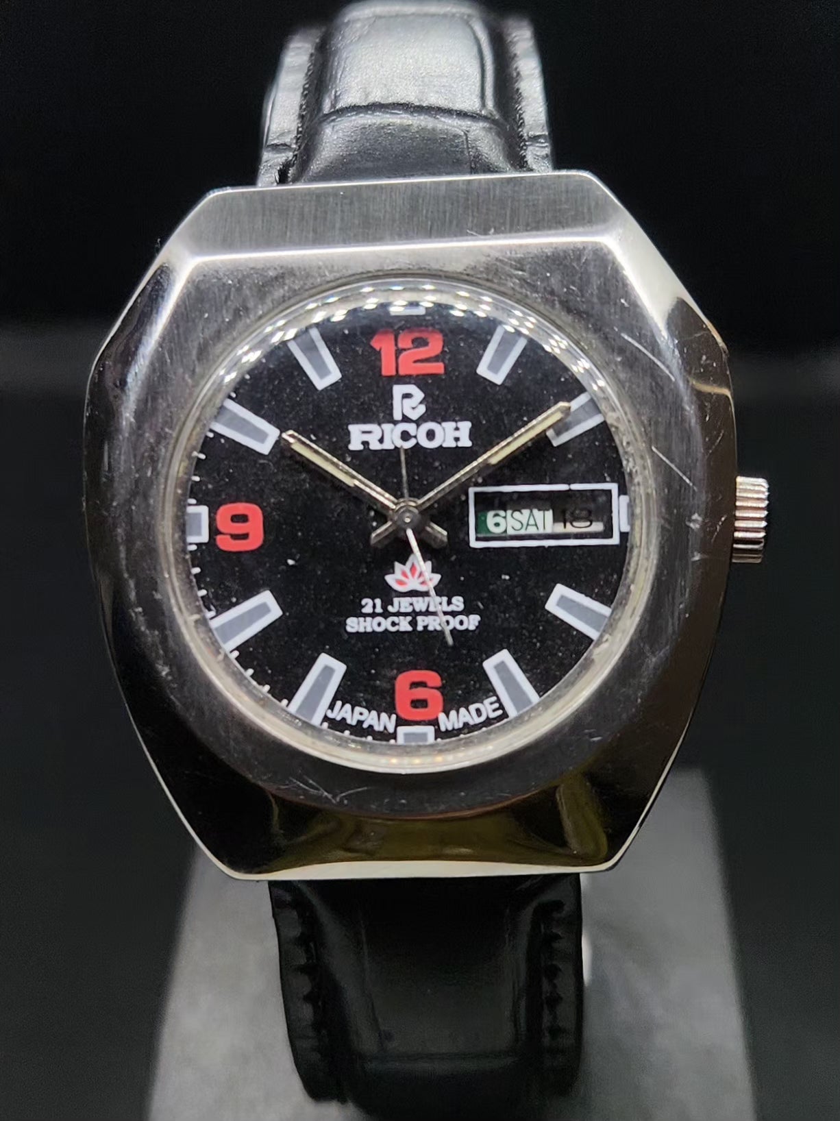 Vintage Ricoh R31 Automatic Black Face New Strap 21 Jewels Day-Date Men's Wrist Watch AS34
