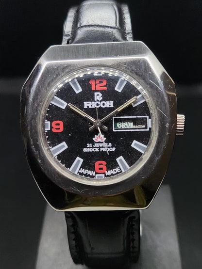 Vintage Ricoh R31 Automatic Black Face New Strap 21 Jewels Day-Date Men's Wrist Watch AS34