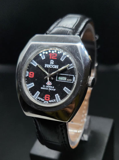 Vintage Ricoh R31 Automatic Black Face New Strap 21 Jewels Day-Date Men's Wrist Watch AS34