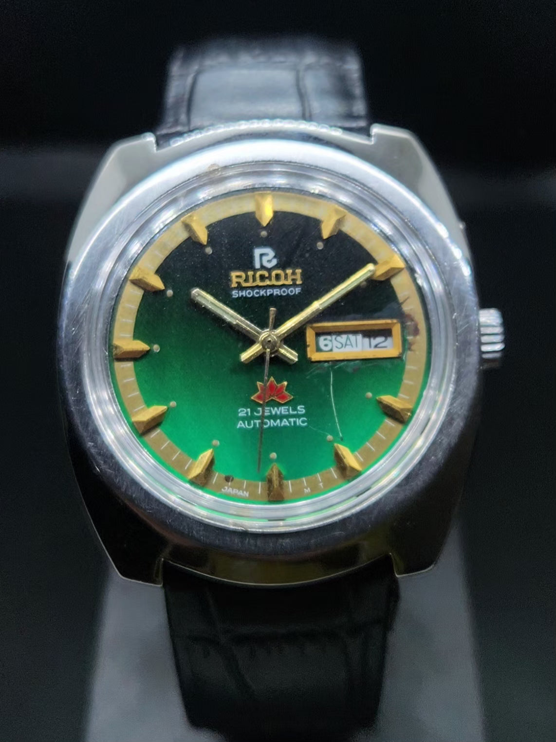 Vintage Ricoh R31 Automatic Green Face New Strap 21 Jewels Day-Date Men's Wrist Watch AS35