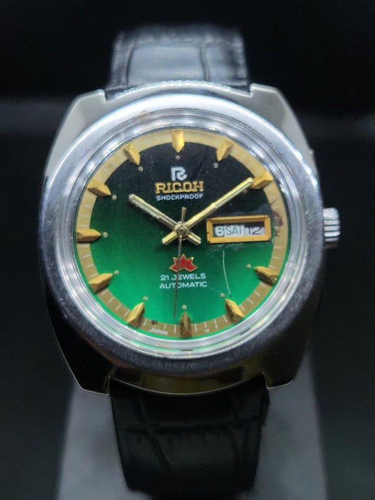 Vintage Ricoh R31 Automatic Green Face New Strap 21 Jewels Day-Date Men's Wrist Watch AS35
