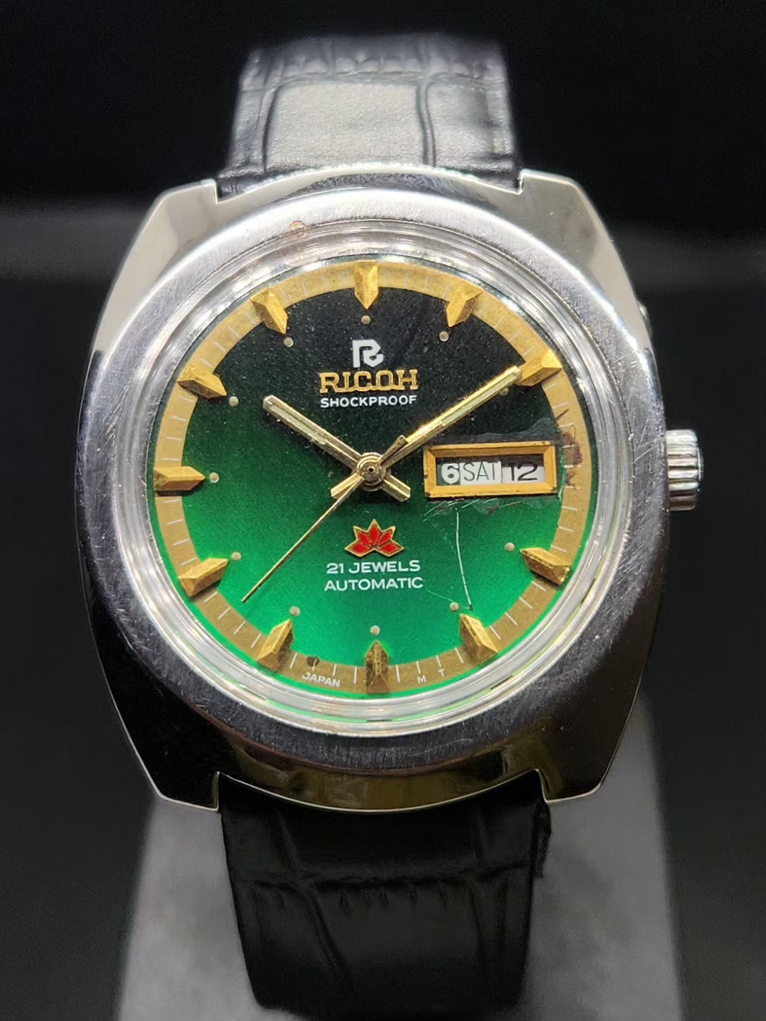 Vintage Ricoh R31 Automatic Green Face New Strap 21 Jewels Day-Date Men's Wrist Watch AS35