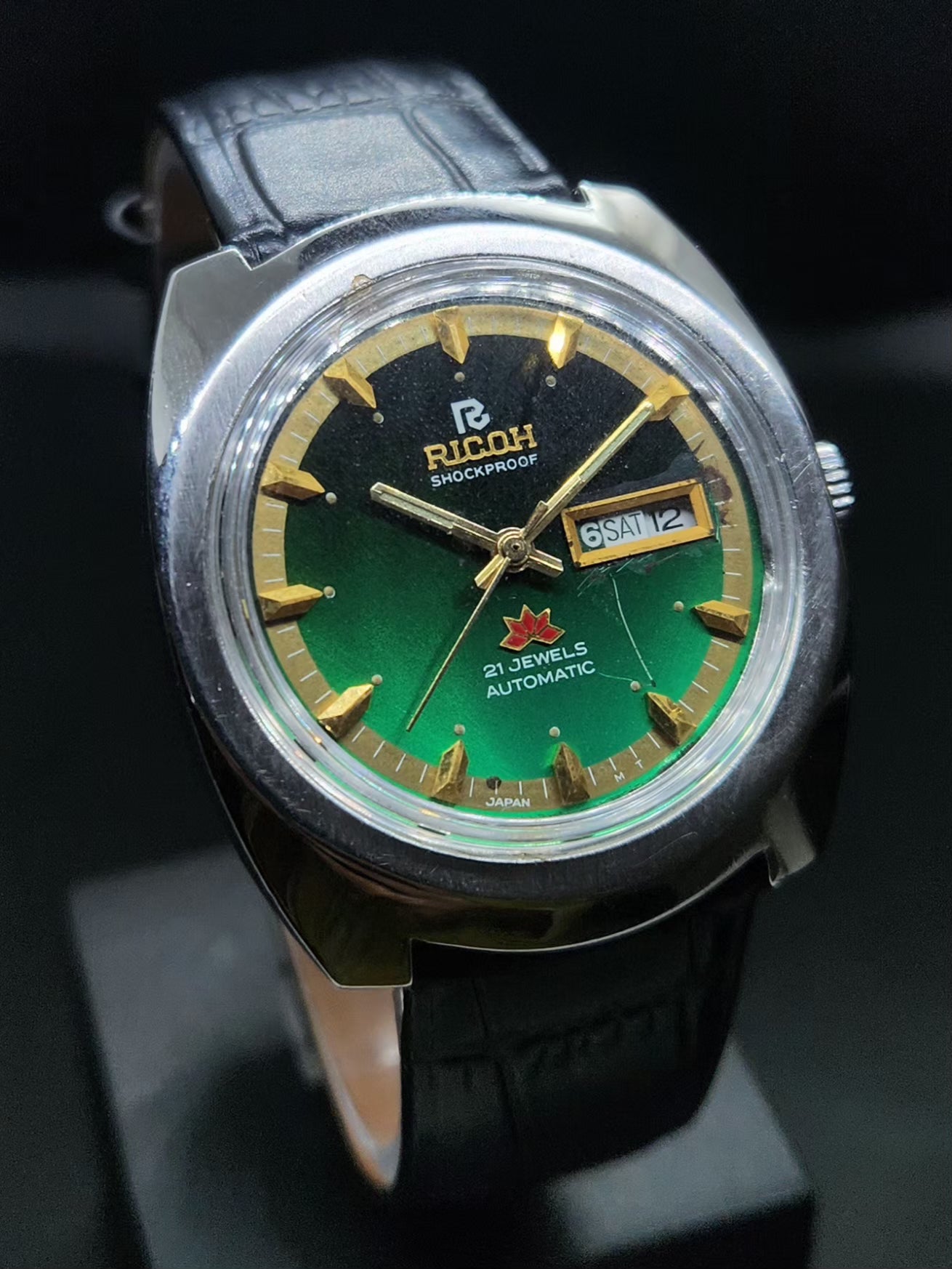 Vintage Ricoh R31 Automatic Green Face New Strap 21 Jewels Day-Date Men's Wrist Watch AS35