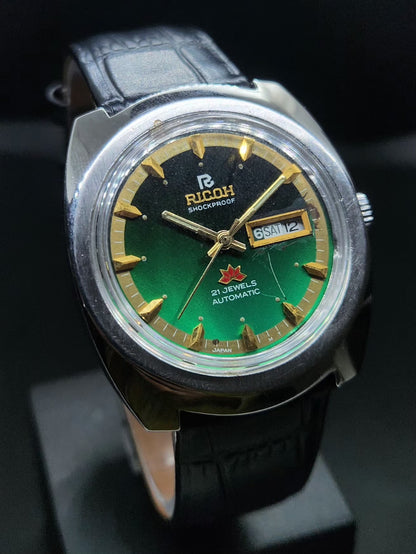 Vintage Ricoh R31 Automatic Green Face New Strap 21 Jewels Day-Date Men's Wrist Watch AS35