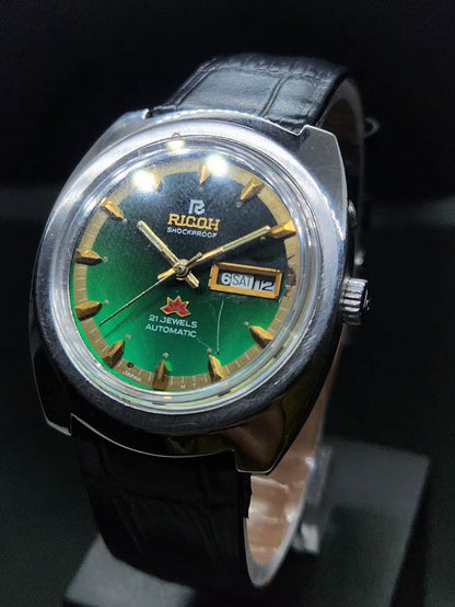 Vintage Ricoh R31 Automatic Green Face New Strap 21 Jewels Day-Date Men's Wrist Watch AS35