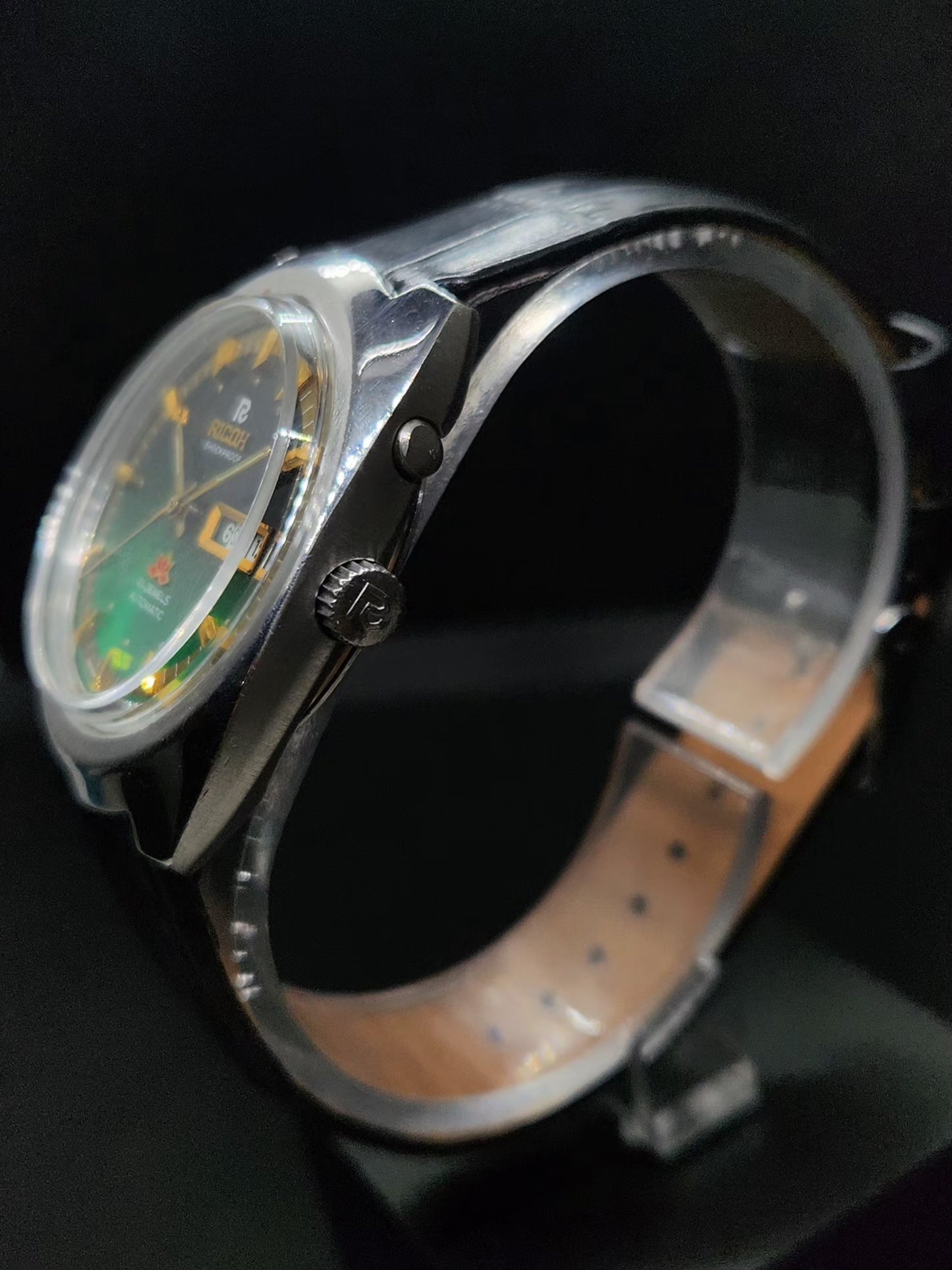 Vintage Ricoh R31 Automatic Green Face New Strap 21 Jewels Day-Date Men's Wrist Watch AS35