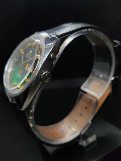 Vintage Ricoh R31 Automatic Green Face New Strap 21 Jewels Day-Date Men's Wrist Watch AS35