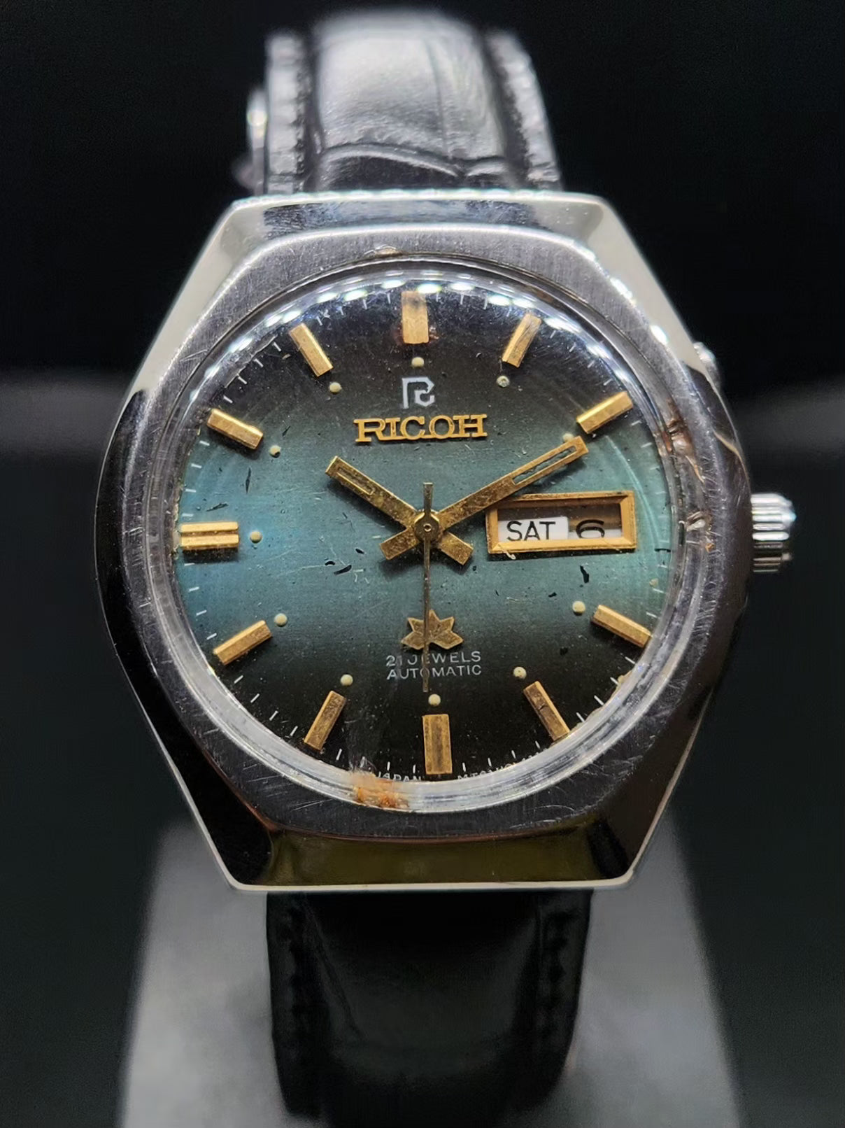 Vintage Ricoh R31 Automatic Green Face New Strap 21 Jewels Day-Date Men's Wrist Watch AS36