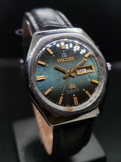 Vintage Ricoh R31 Automatic Green Face New Strap 21 Jewels Day-Date Men's Wrist Watch AS36