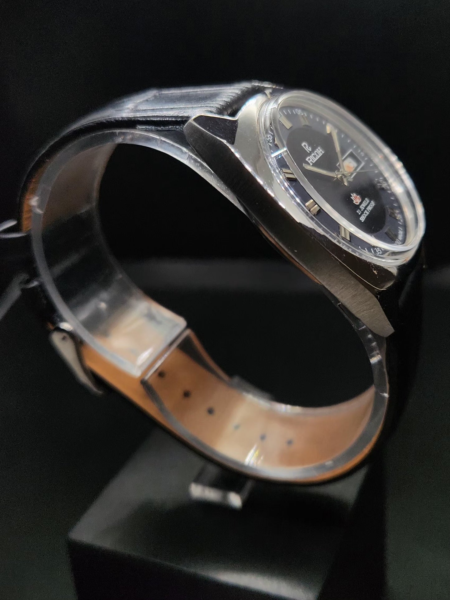 Vintage Ricoh R31 Automatic Black Face New Strap 21 Jewels Day-Date Men's Wrist Watch AS38
