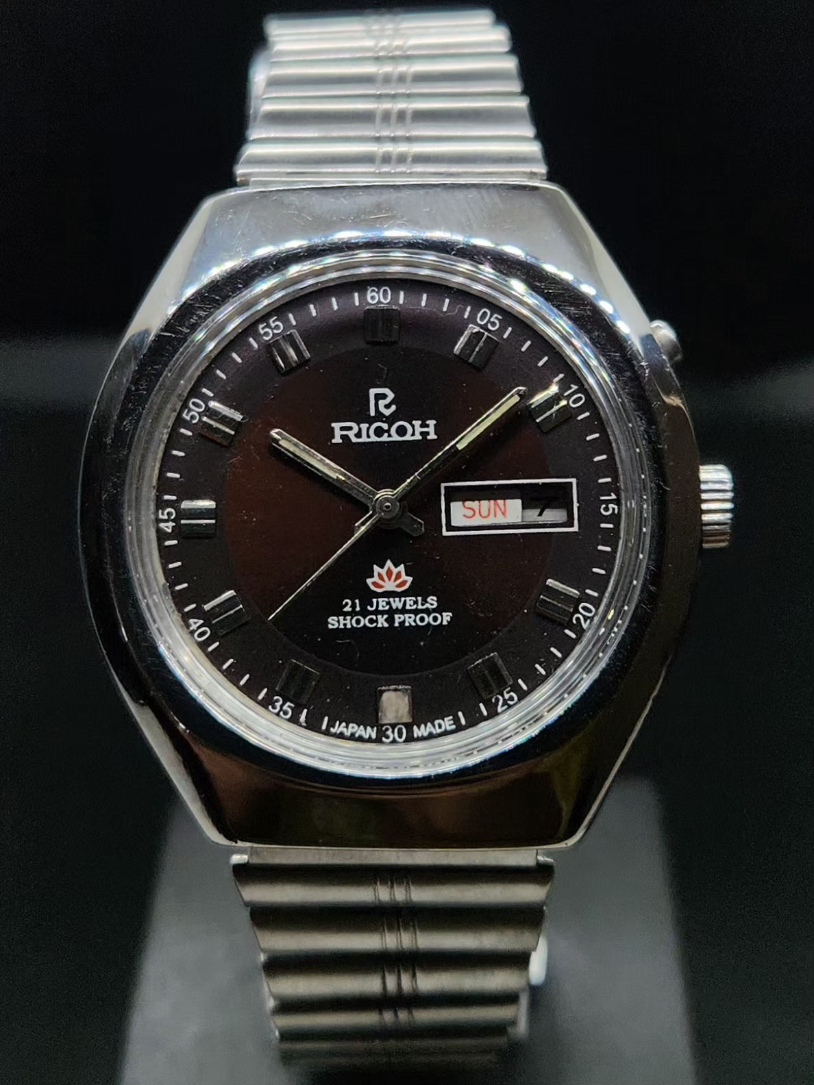 Vintage Ricoh R31 Automatic Brown Face New Bracelet 21 Jewels Day-Date Men's Wrist Watch AS39