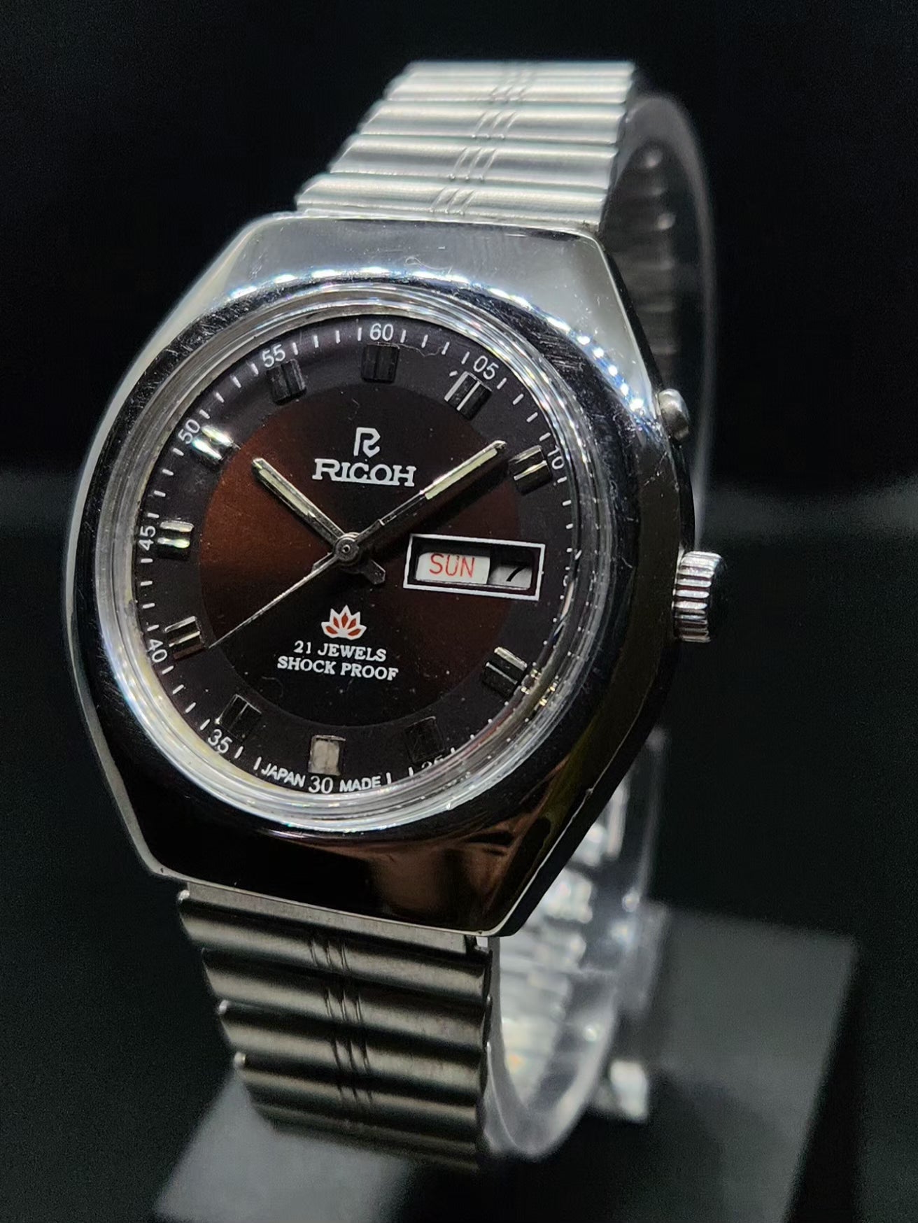 Vintage Ricoh R31 Automatic Brown Face New Bracelet 21 Jewels Day-Date Men's Wrist Watch AS39