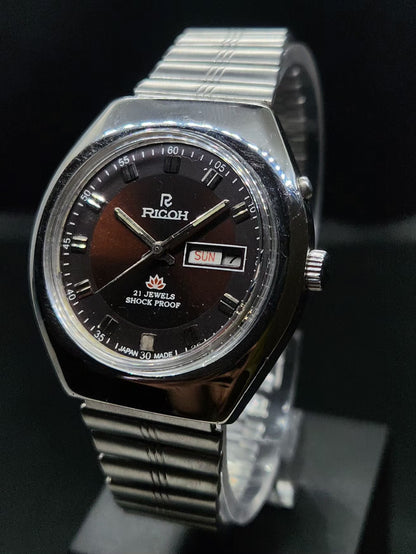 Vintage Ricoh R31 Automatic Brown Face New Bracelet 21 Jewels Day-Date Men's Wrist Watch AS39