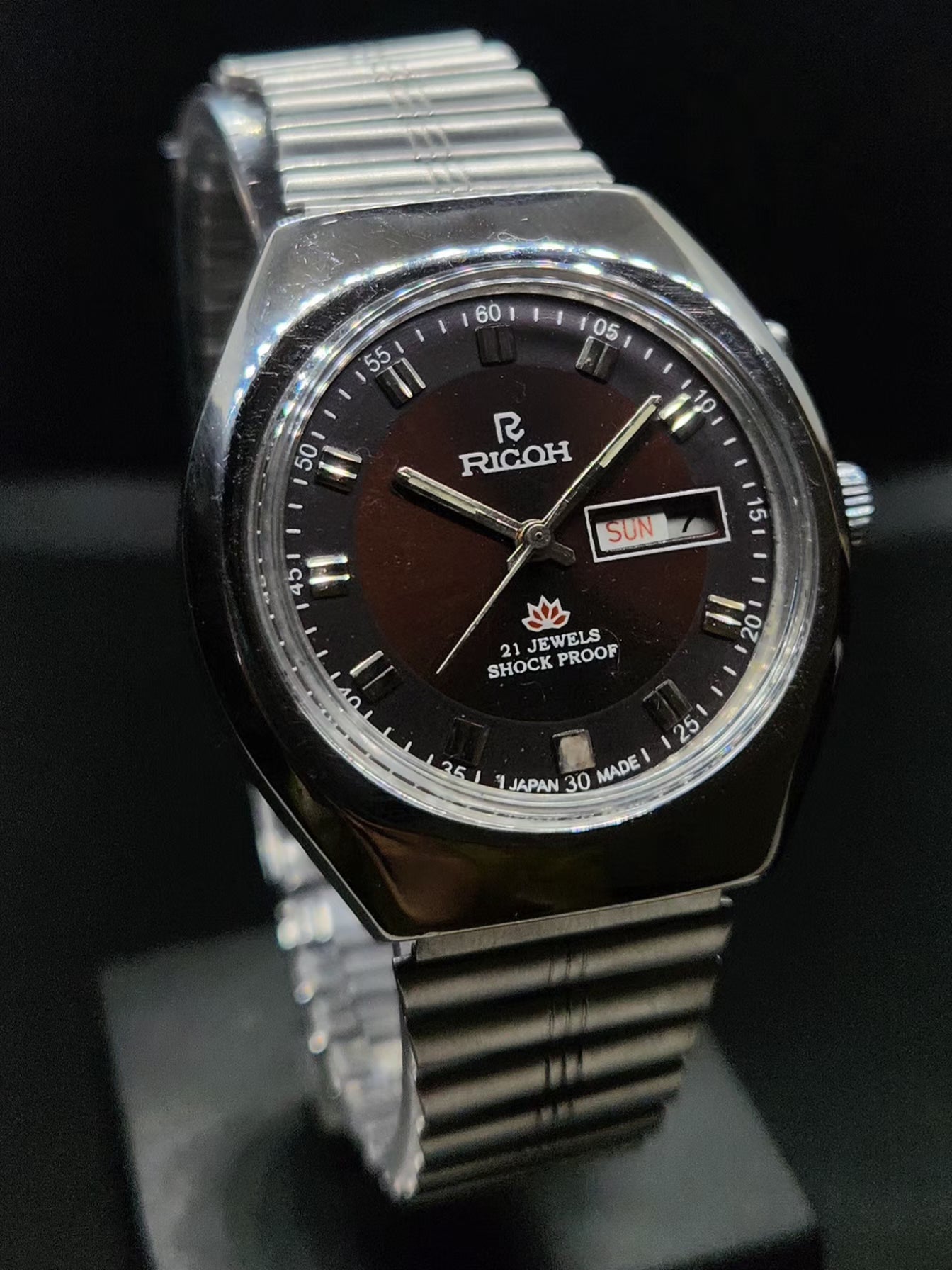 Vintage Ricoh R31 Automatic Brown Face New Bracelet 21 Jewels Day-Date Men's Wrist Watch AS39