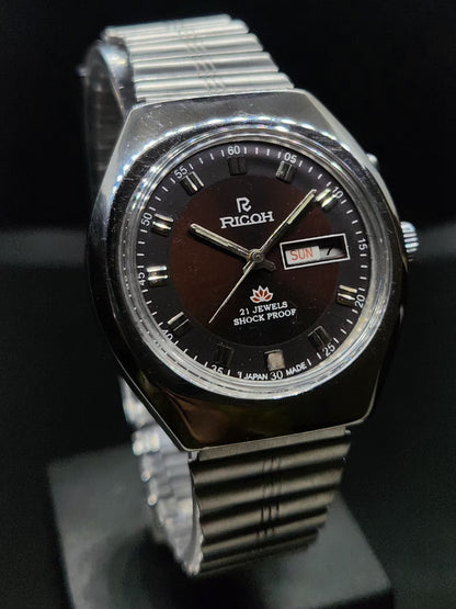 Vintage Ricoh R31 Automatic Brown Face New Bracelet 21 Jewels Day-Date Men's Wrist Watch AS39