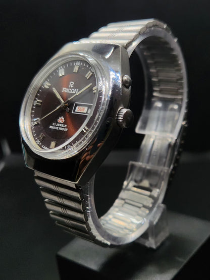 Vintage Ricoh R31 Automatic Brown Face New Bracelet 21 Jewels Day-Date Men's Wrist Watch AS39
