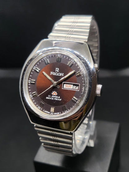 Vintage Ricoh R31 Automatic Brown Face New Bracelet 21 Jewels Day-Date Men's Wrist Watch AS39