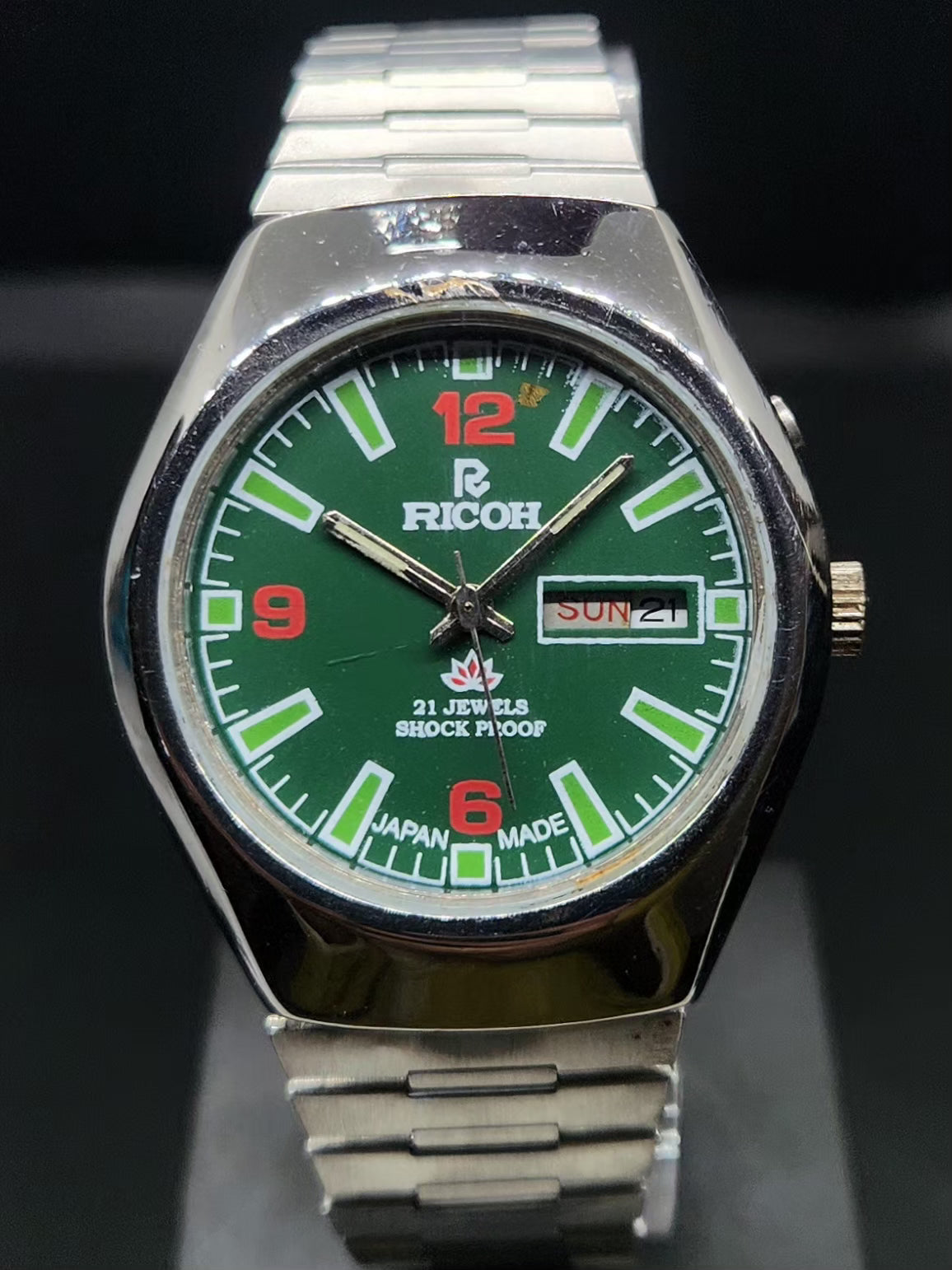 Vintage Ricoh R31 Automatic Green Face New Bracelet 21 Jewels Day-Date Men's Wrist Watch AS40