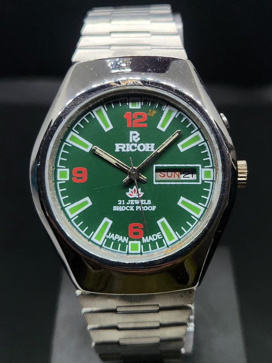 Vintage Ricoh R31 Automatic Green Face New Bracelet 21 Jewels Day-Date Men's Wrist Watch AS40