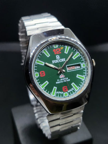 Vintage Ricoh R31 Automatic Green Face New Bracelet 21 Jewels Day-Date Men's Wrist Watch AS40