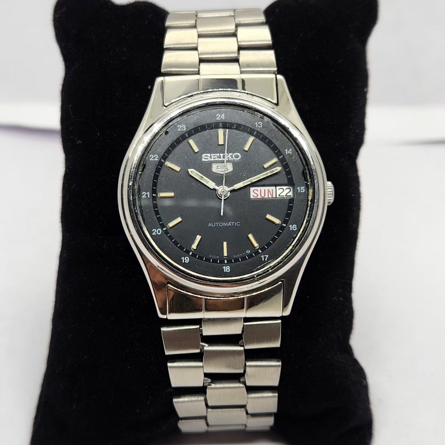 Vintage 1985 Original Seiko 5 Automatic 6309-523A Black 17 Jewels Day-Date Japanese Men's Wrist Watch OG212