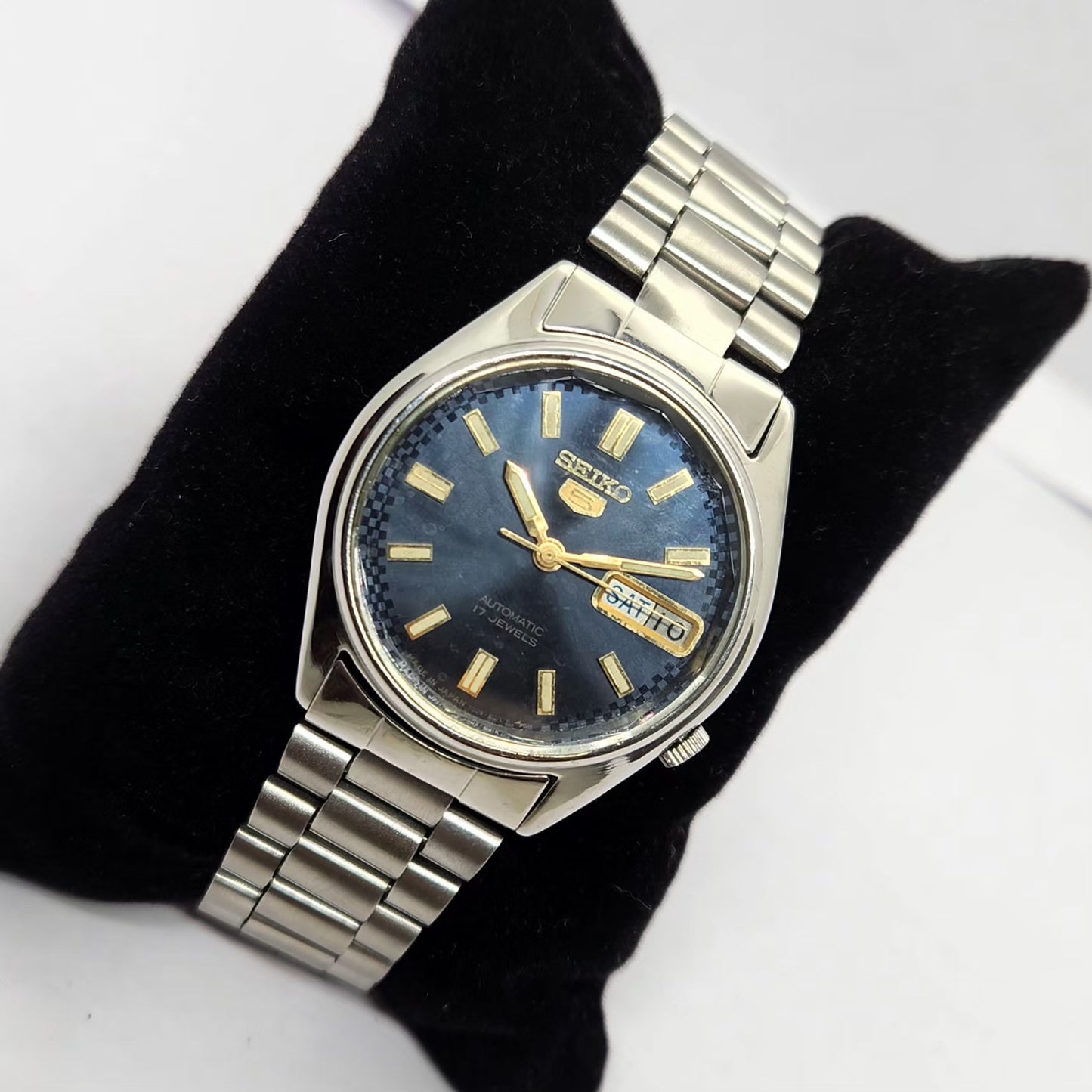 Vintage 1980 Original Seiko 5 Automatic 7009-876A Blue face 17 Jewels Day-Date Japanese Men's Wrist Watch OG216