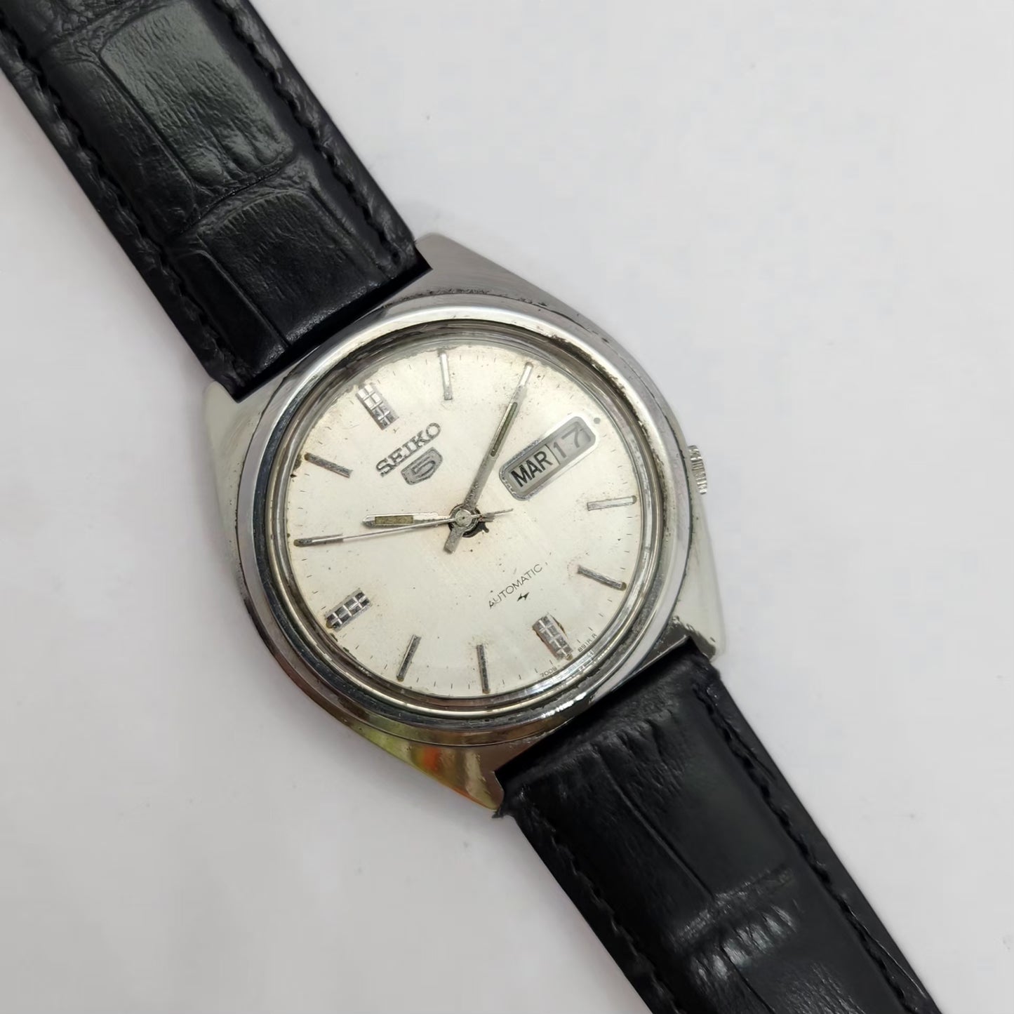 Vintage 1984 Original Seiko 5 Automatic 7009-8750 Silver Face 17 Jewels Day-Date Japanese Men's Wrist Watch OG221