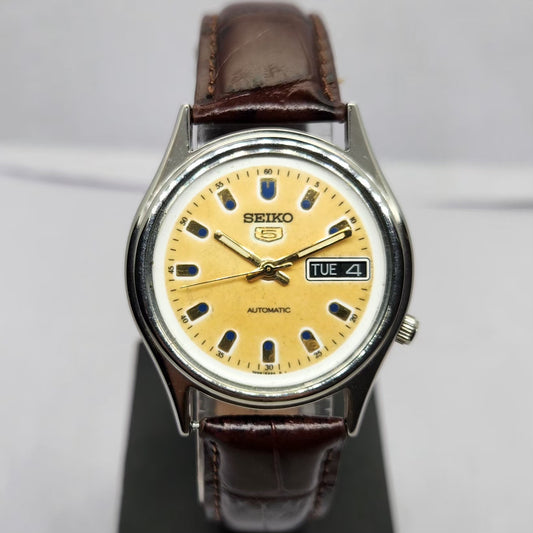 Vintage 1981 Original Seiko 5 Automatic 7S26-3040 Yellow face 21 Jewels Day-Date Japanese Men's Wrist Watch OG223