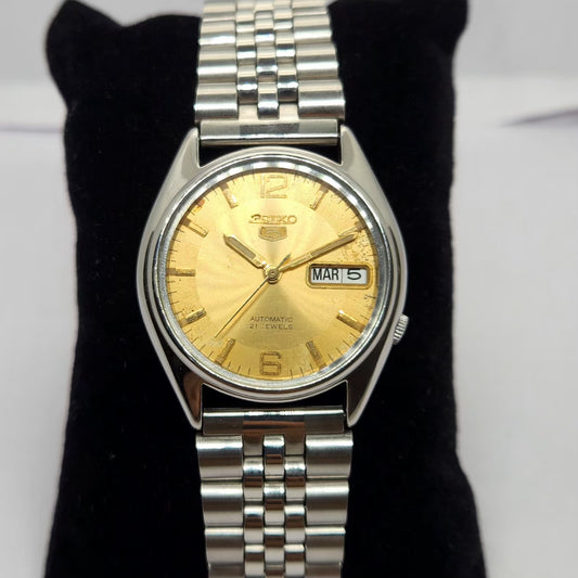 Vintage 1996 Original Seiko 5 Automatic 7s26-6000 Gold face 21 Jewels Day-Date Japanese Men's Wrist Watch OG223