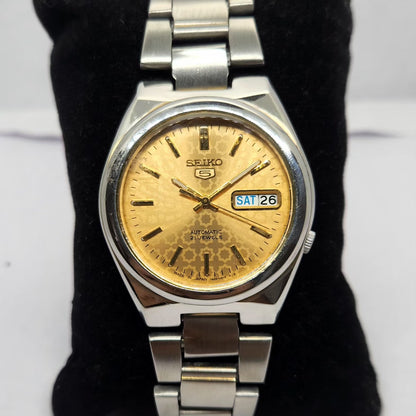 Vintage 1980 Original Seiko 5 Automatic 7S26 Gold face 21 Jewels Day-Date Japanese Men's Wrist Watch OG256
