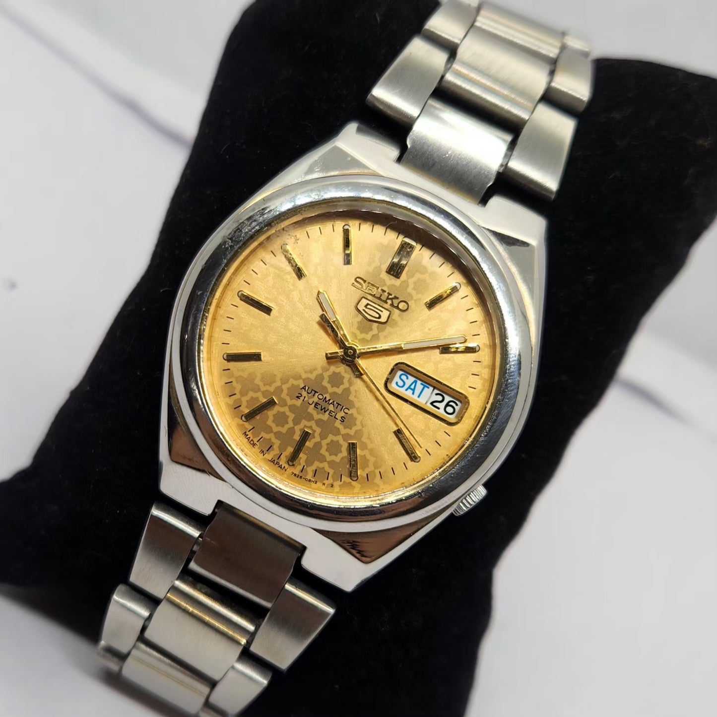 Vintage 1980 Original Seiko 5 Automatic 7S26 Gold face 21 Jewels Day-Date Japanese Men's Wrist Watch OG256