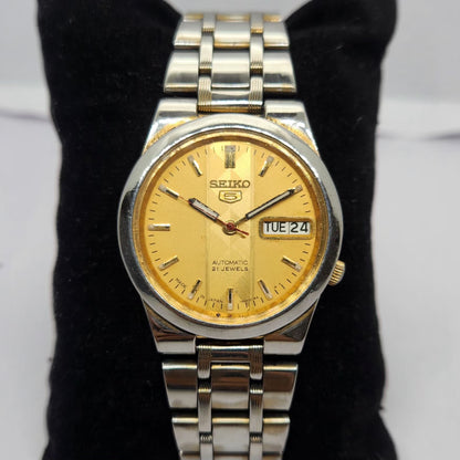 Vintage 1980 Original Seiko 5 Automatic 7s26 Gold face 21 Jewels Day-Date Japanese Men's Wrist Watch OG260