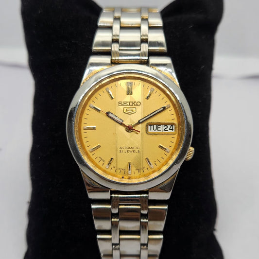 Vintage 1980 Original Seiko 5 Automatic 7s26 Gold face 21 Jewels Day-Date Japanese Men's Wrist Watch OG260