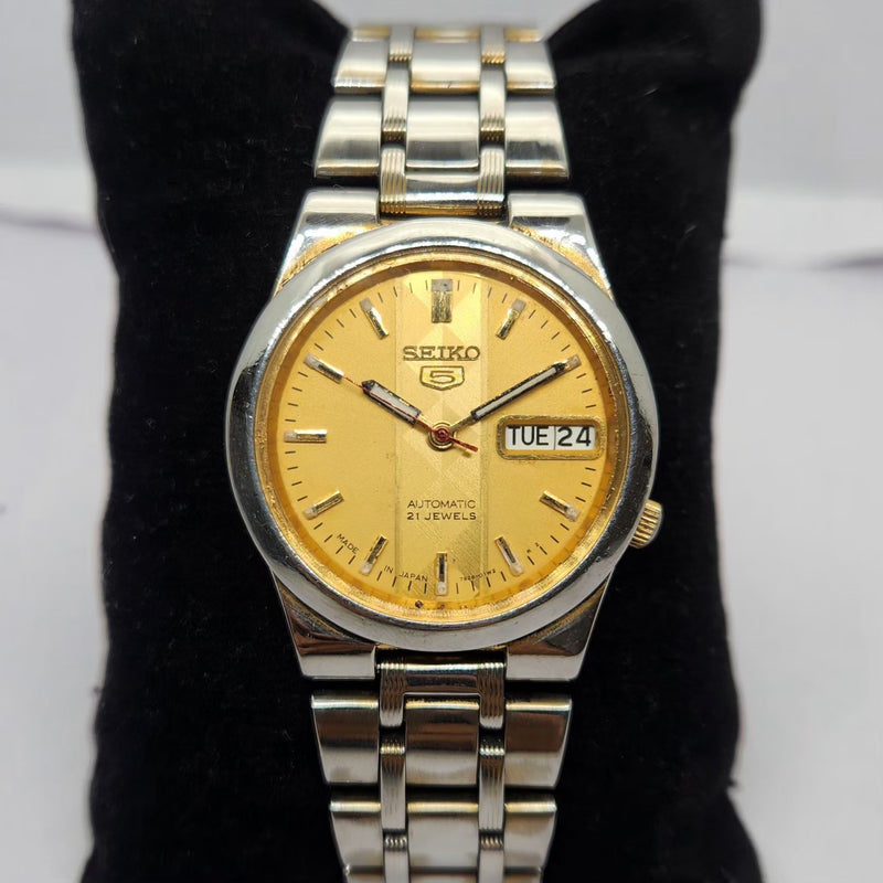 Vintage 1998 Original Seiko 5 Automatic 7s26 Gold face 21 Jewels Day-Date Japanese Men's Wrist Watch OG260