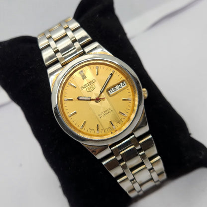 Vintage 1980 Original Seiko 5 Automatic 7s26 Gold face 21 Jewels Day-Date Japanese Men's Wrist Watch OG260