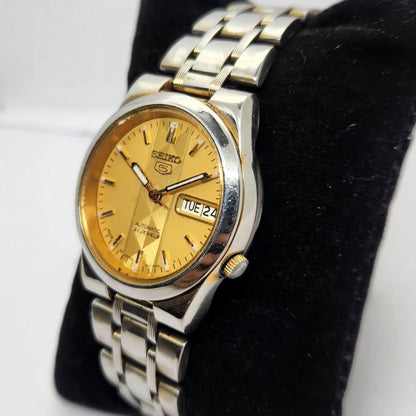 Vintage 1980 Original Seiko 5 Automatic 7s26 Gold face 21 Jewels Day-Date Japanese Men's Wrist Watch OG260