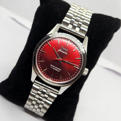 Vintage MOD HMT Janata Hand Winding 17 Jewels Red Face Jubilee Bracelet Men's Wrist Watch G01