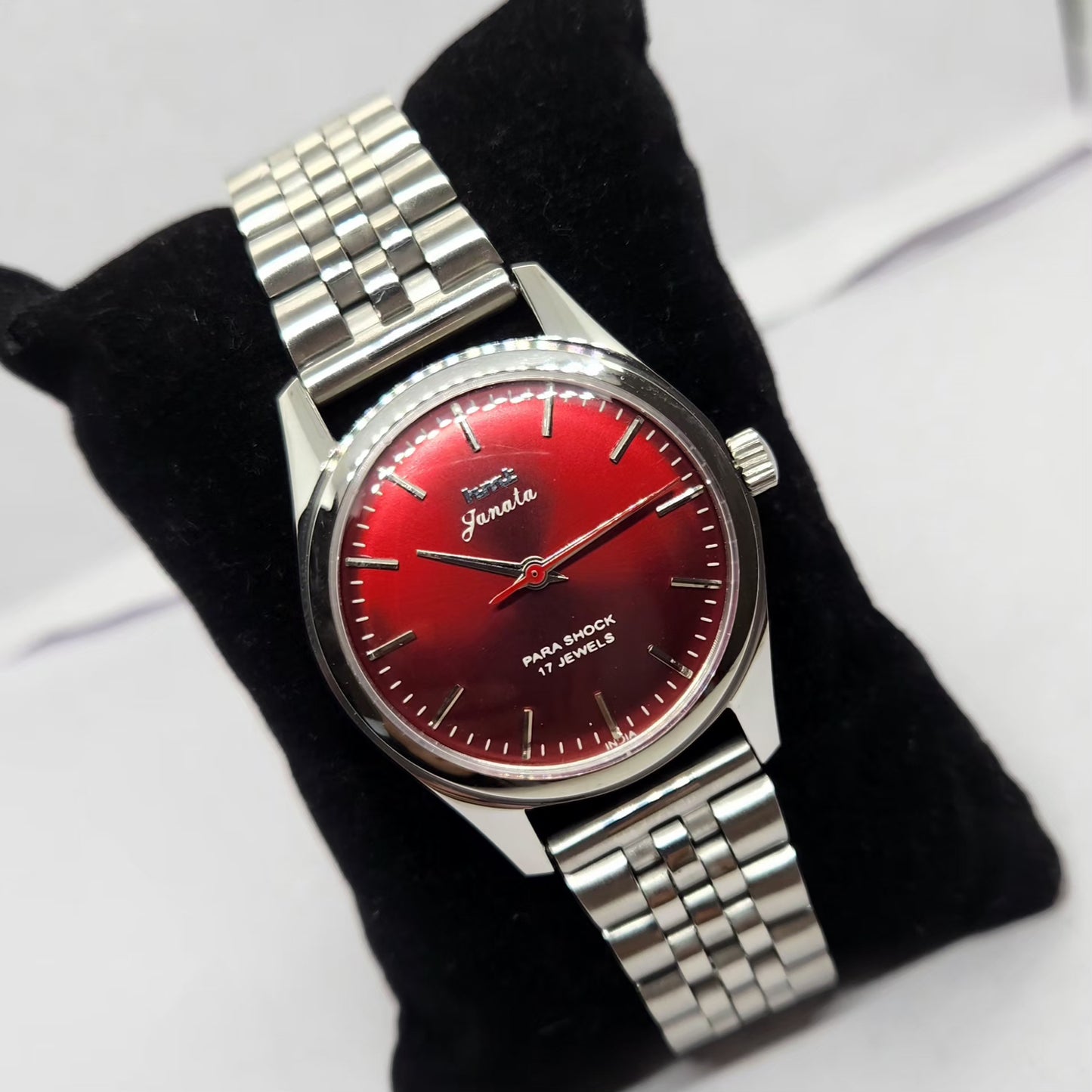 Vintage MOD HMT Janata Hand Winding 17 Jewels Red Face Jubilee Bracelet Men's Wrist Watch G01